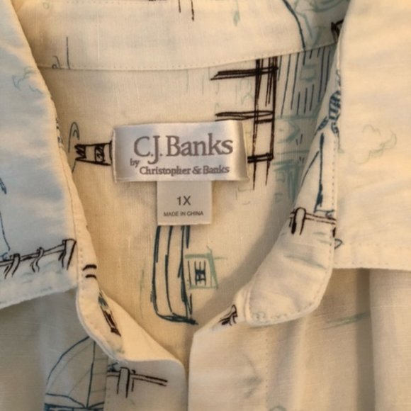 CJ Banks White Ship Patterned Button down Quarter sleeve - Picture 2 of 3